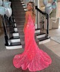 Trumpet/Mermaid V-neck Lace Sweep Train Appliques Lace Prom Dresses