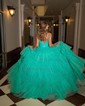 Ball Gown/Princess V-neck Tulle Glitter Sweep Train Prom Dresses With Tiered