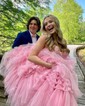 Ball Gown/Princess Sweetheart Tulle Glitter Sweep Train Prom Dresses With Appliques Lace