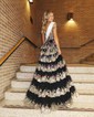 Ball Gown/Princess Off-the-shoulder Tulle Sweep Train Prom Dresses With Tiered