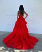 Ball Gown/Princess Sweetheart Tulle Glitter Sweep Train Prom Dresses With Appliques Lace