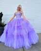 Ball Gown/Princess V-neck Tulle Glitter Sweep Train Prom Dresses With Appliques Lace