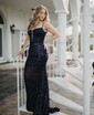 Trumpet/Mermaid V-neck Velvet Sequins Sweep Train Prom Dresses