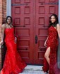 Sheath/Column One Shoulder Velvet Sequins Sweep Train Prom Dresses With Split Front