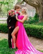 Sheath/Column Cowl Neck Silk-like Satin Sweep Train Prom Dresses With Appliques Lace