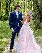 Ball Gown/Princess V-neck Tulle Glitter Sweep Train Prom Dresses With Tiered