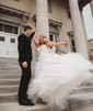 Ball Gown/Princess V-neck Tulle Glitter Sweep Train Prom Dresses With Tiered