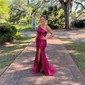 Sheath/Column One Shoulder Velvet Sequins Sweep Train Split Front Prom Dresses