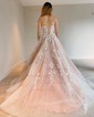 Ball Gown Scoop Neck Tulle Sweep Train Appliques Lace Prom Dresses