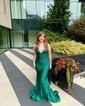 Trumpet/Mermaid V-neck Jersey Sweep Train Prom Dresses With Crystal Detailing