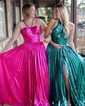 A-line Halter Metallic Sweep Train Prom Dresses With Split Front