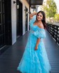 Ball Gown/Princess Off-the-shoulder Chiffon Sweep Train Prom Dresses With Sashes / Ribbons