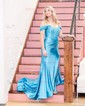 Trumpet/Mermaid Off-the-shoulder Silk-like Satin Sweep Train Prom Dresses With Ruched