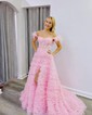 Ball Gown/Princess Sweep Train Off-the-shoulder Lace Tulle Beading Prom Dresses