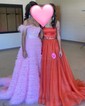 Ball Gown/Princess Sweep Train Off-the-shoulder Lace Tulle Beading Prom Dresses