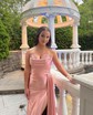 Sheath/Column Sweetheart Silk-like Satin Sweep Train Prom Dresses With Split Front