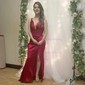 Sheath/Column V-neck Silk-like Satin Sweep Train Prom Dresses With Ruched