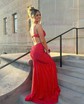 Trumpet/Mermaid V-neck Jersey Sweep Train Prom Dresses With Crystal Detailing