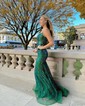 Trumpet/Mermaid Scoop Neck Tulle Sweep Train Prom Dresses With Beading