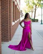 Trumpet/Mermaid Straight Silk-like Satin Sweep Train Prom Dresses With Ruched