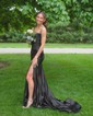 Sheath/Column Sweetheart Silk-like Satin Sweep Train Prom Dresses With Appliques Lace