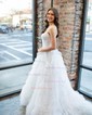 Ball Gown/Princess V-neck Tulle Glitter Sweep Train Prom Dresses With Tiered