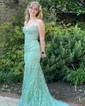 Trumpet/Mermaid V-neck Tulle Sweep Train Prom Dresses With Appliques Lace