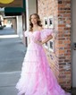 Ball Gown/Princess Off-the-shoulder Tulle Sweep Train Prom Dresses With Sashes / Ribbons