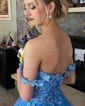 Ball Gown/Princess Off-the-shoulder Glitter Sweep Train Prom Dresses With Appliques Lace