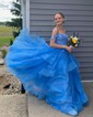 Ball Gown/Princess Off-the-shoulder Glitter Sweep Train Prom Dresses With Appliques Lace