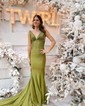 Trumpet/Mermaid V-neck Jersey Sweep Train Prom Dresses With Crystal Detailing