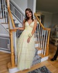 Ball Gown/Princess Sweep Train V-neck Tulle Lace Appliques Lace Prom Dresses