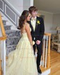 Ball Gown/Princess Sweep Train V-neck Tulle Lace Appliques Lace Prom Dresses