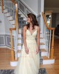 Ball Gown/Princess Sweep Train V-neck Tulle Lace Appliques Lace Prom Dresses