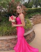 Trumpet/Mermaid V-neck Jersey Sweep Train Prom Dresses With Crystal Detailing