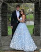 Ball Gown/Princess Sweetheart Tulle Glitter Sweep Train Prom Dresses With Appliques Lace