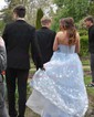 Ball Gown/Princess Sweetheart Tulle Glitter Sweep Train Prom Dresses With Appliques Lace