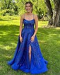 Ball Gown/Princess Scoop Neck Lace Tulle Sweep Train Prom Dresses With Beading