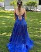 Ball Gown/Princess Scoop Neck Lace Tulle Sweep Train Prom Dresses With Beading