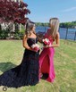 Ball Gown/Princess V-neck Tulle Sweep Train Prom Dresses With Appliques Lace