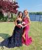 Ball Gown/Princess V-neck Tulle Sweep Train Prom Dresses With Appliques Lace