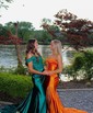 Trumpet/Mermaid Sweetheart Silk-like Satin Sweep Train Prom Dresses With Ruched