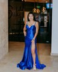 Trumpet/Mermaid V-neck Silk-like Satin Sweep Train Prom Dresses With Ruched