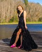 Trumpet/Mermaid V-neck Organza Sequined Sweep Train Prom Dresses With Split Front