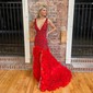 Trumpet/Mermaid V-neck Organza Sequined Sweep Train Prom Dresses With Split Front