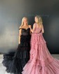 Ball Gown/Princess V-neck Tulle Glitter Sweep Train Prom Dresses With Appliques Lace