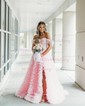 Ball Gown/Princess Off-the-shoulder Tulle Sweep Train Prom Dresses With Beading