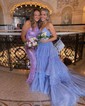 Ball Gown/Princess V-neck Tulle Glitter Sweep Train Prom Dresses With Tiered