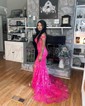 Trumpet/Mermaid Off-the-shoulder Sequined Sweep Train Prom Dresses With Appliques Lace