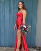 Trumpet/Mermaid V-neck Silk-like Satin Sweep Train Prom Dresses With Split Front